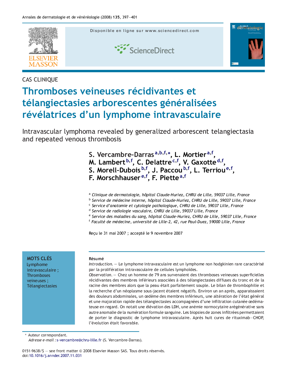 Thromboses veineuses récidivantes et télangiectasies arborescentes généralisées révélatrices d'un lymphome intravasculaire