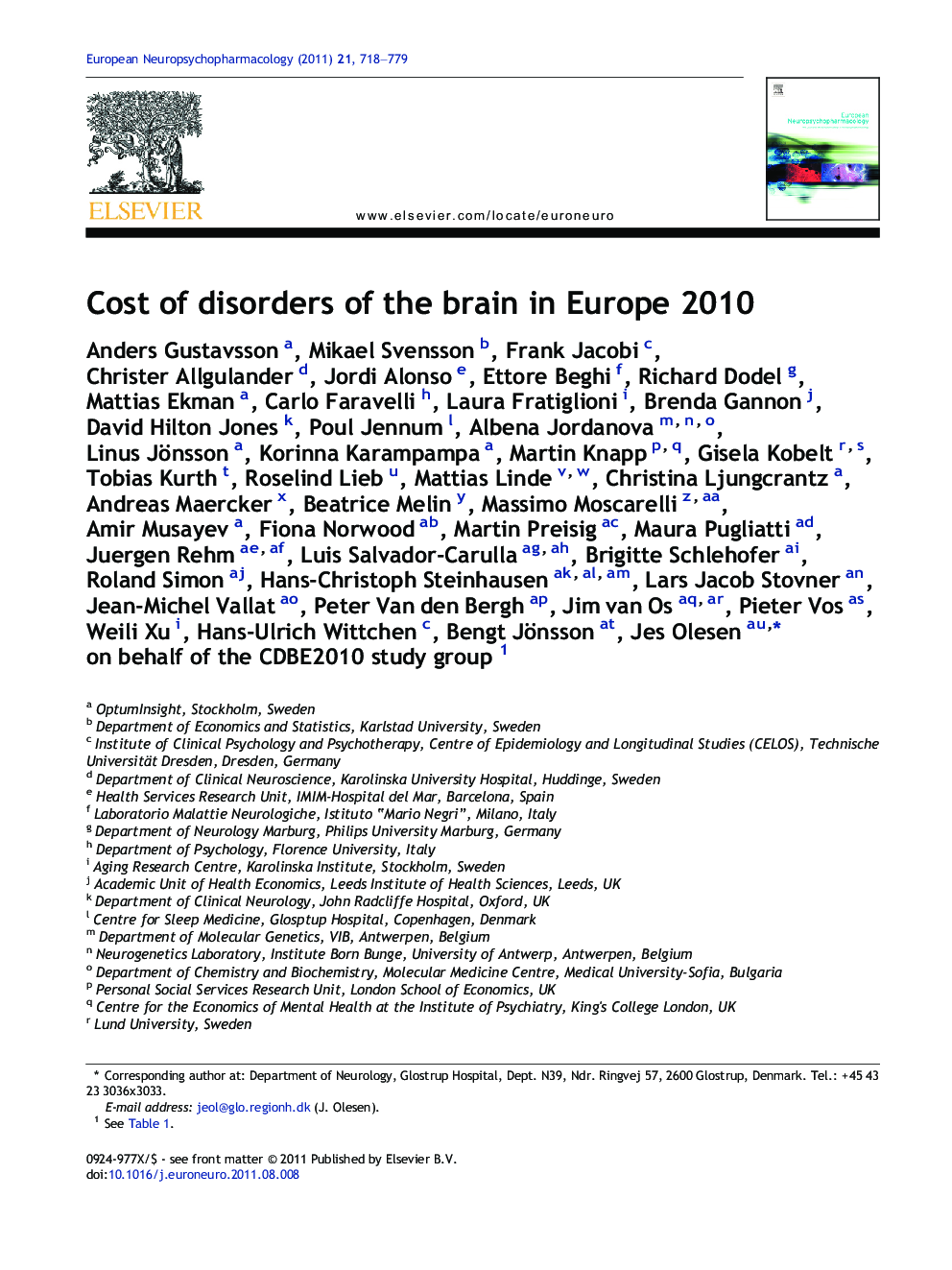 Cost of disorders of the brain in Europe 2010