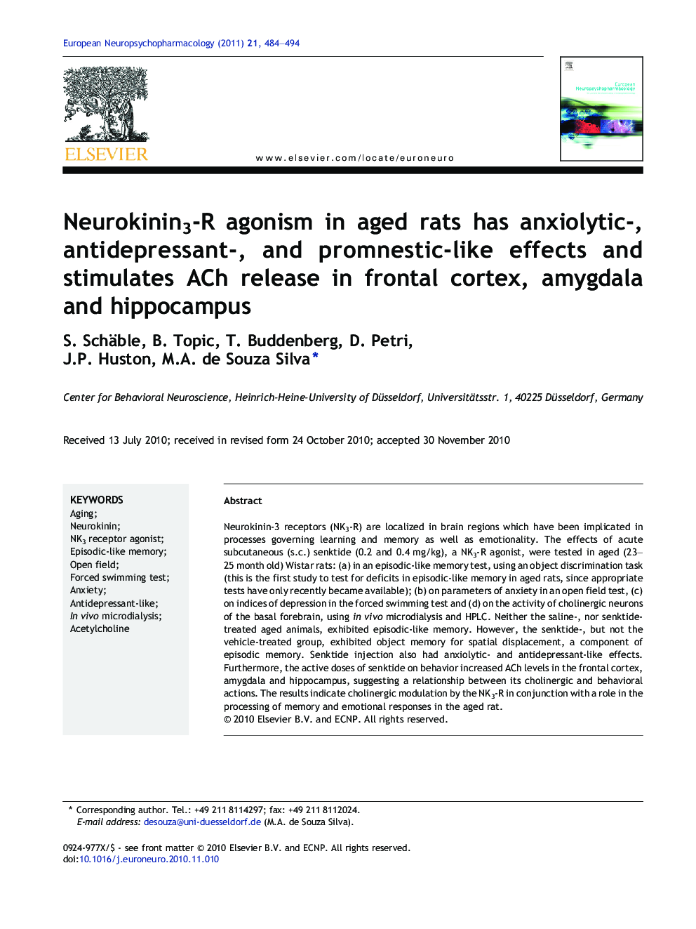 Neurokinin3-R agonism in aged rats has anxiolytic-, antidepressant-, and promnestic-like effects and stimulates ACh release in frontal cortex, amygdala and hippocampus