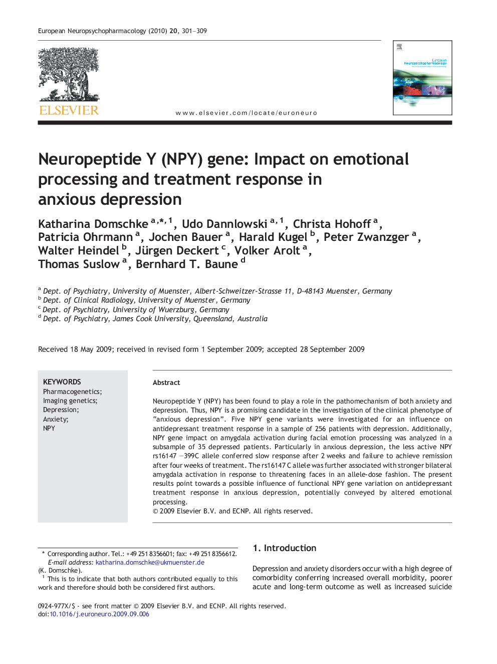 Neuropeptide Y (NPY) gene: Impact on emotional processing and treatment response in anxious depression