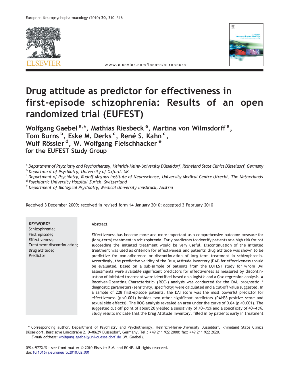 Drug attitude as predictor for effectiveness in first-episode schizophrenia: Results of an open randomized trial (EUFEST)