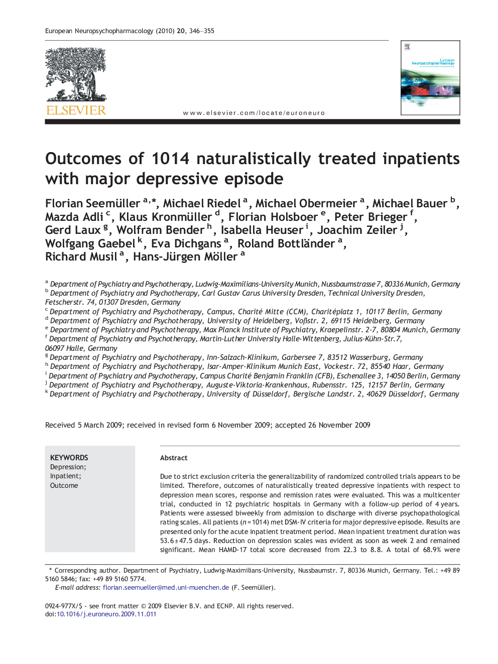 Outcomes of 1014 naturalistically treated inpatients with major depressive episode