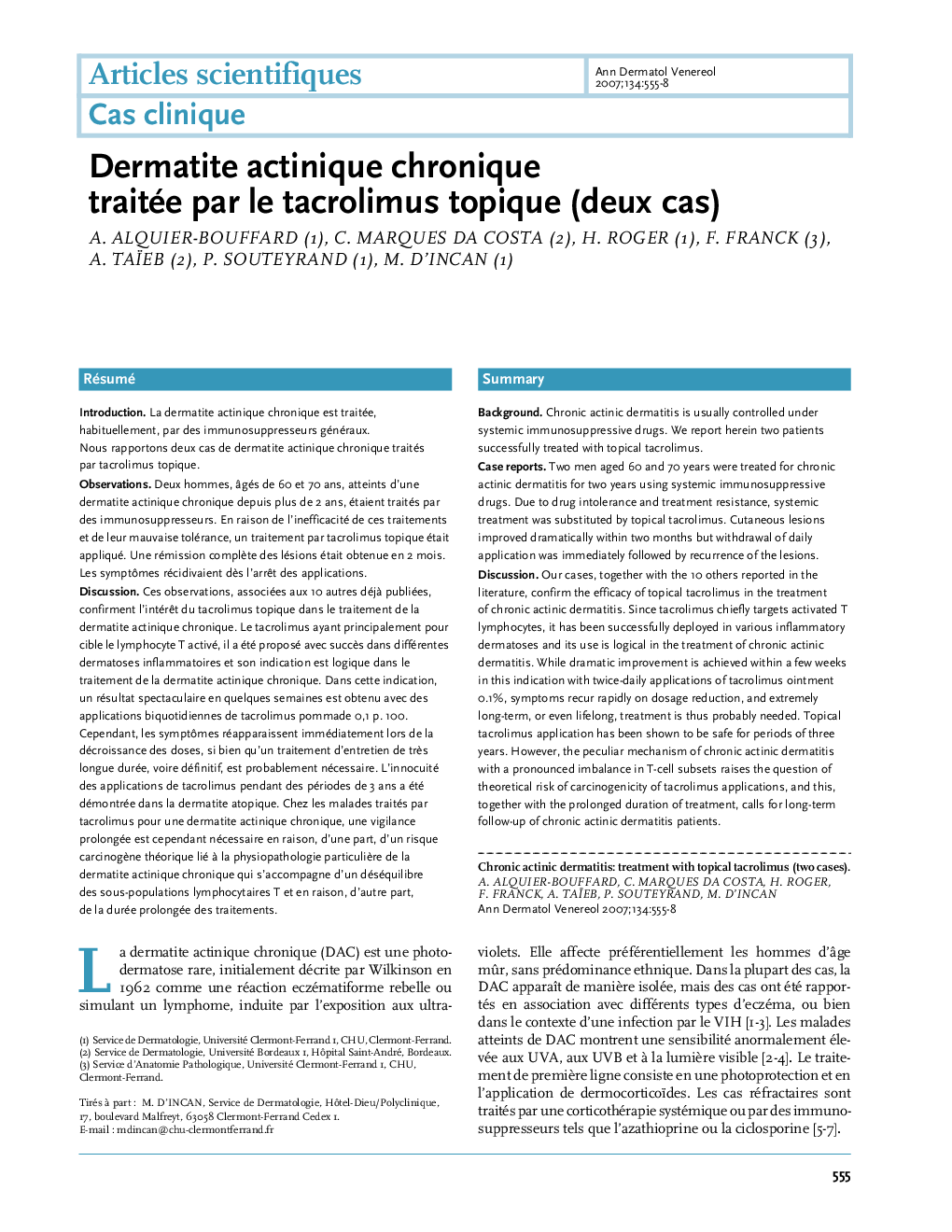 Dermatite actinique chronique traitée par le tacrolimus topique (deux cas)