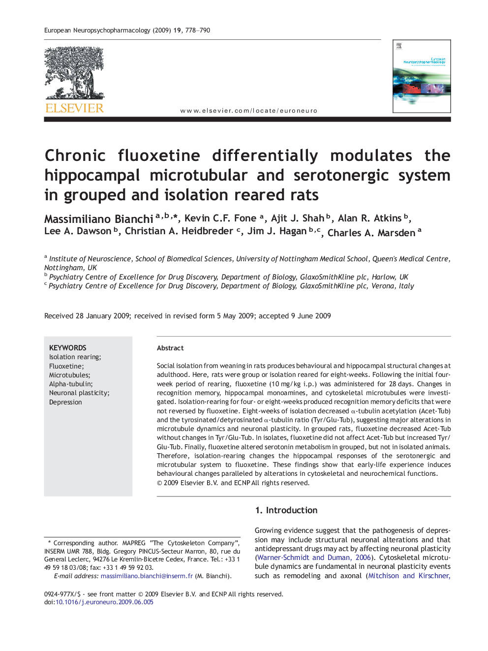 Chronic fluoxetine differentially modulates the hippocampal microtubular and serotonergic system in grouped and isolation reared rats