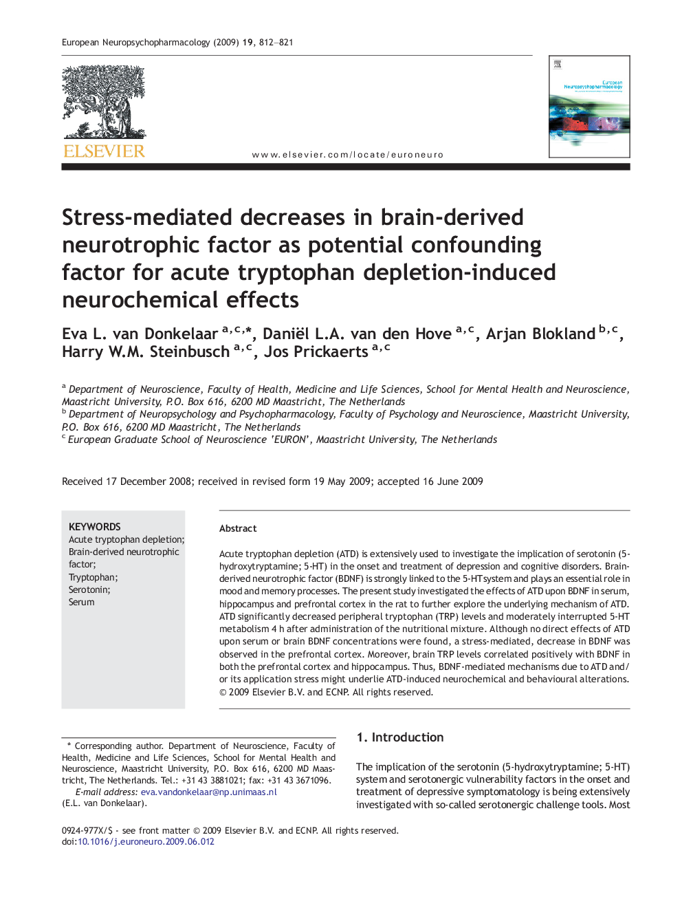 Stress-mediated decreases in brain-derived neurotrophic factor as potential confounding factor for acute tryptophan depletion-induced neurochemical effects