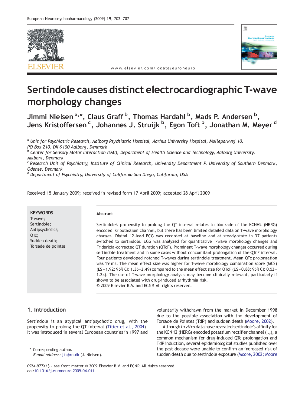 Sertindole causes distinct electrocardiographic T-wave morphology changes