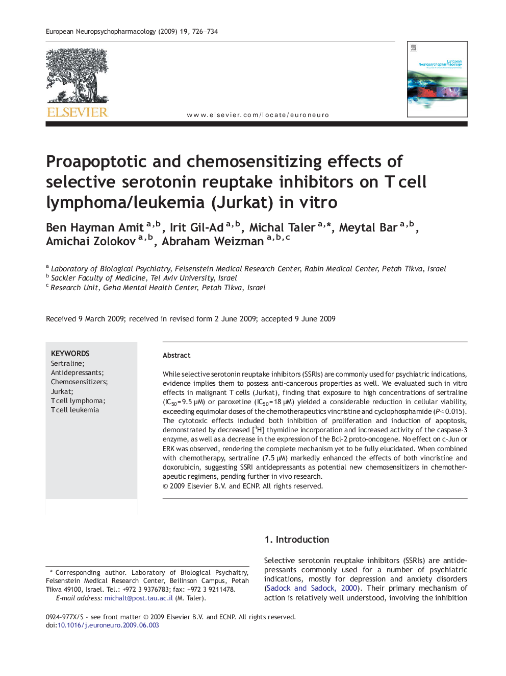 Proapoptotic and chemosensitizing effects of selective serotonin reuptake inhibitors on T cell lymphoma/leukemia (Jurkat) in vitro