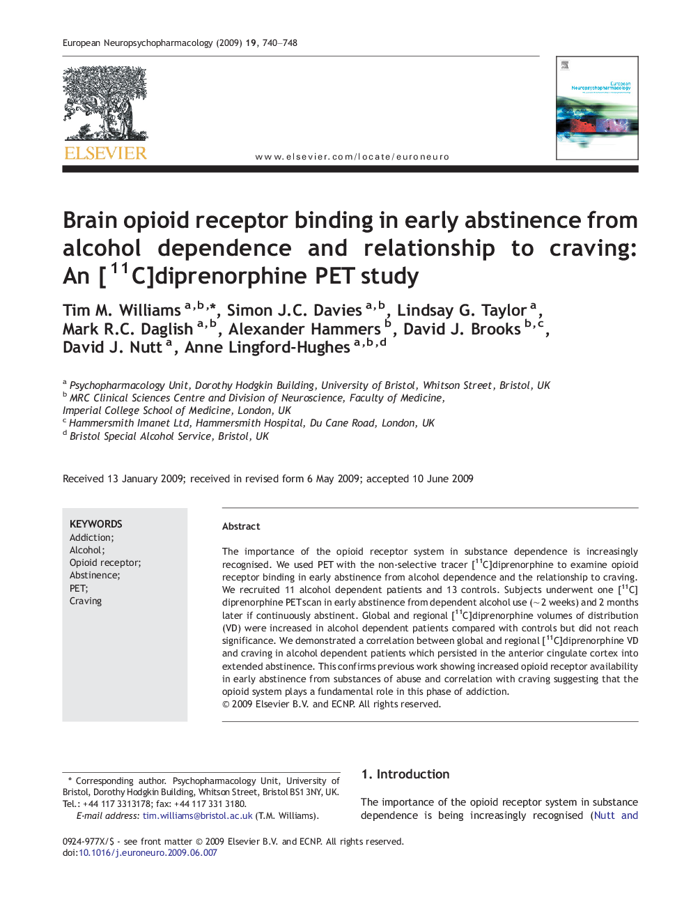 Brain opioid receptor binding in early abstinence from alcohol dependence and relationship to craving: An [11C]diprenorphine PET study