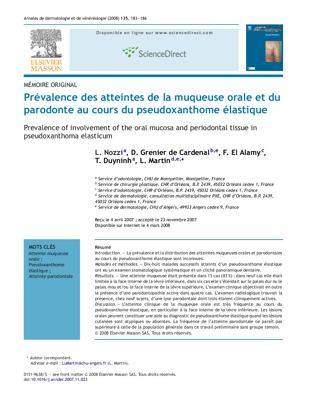 Prévalence des atteintes de la muqueuse orale et du parodonte au cours du pseudoxanthome élastique