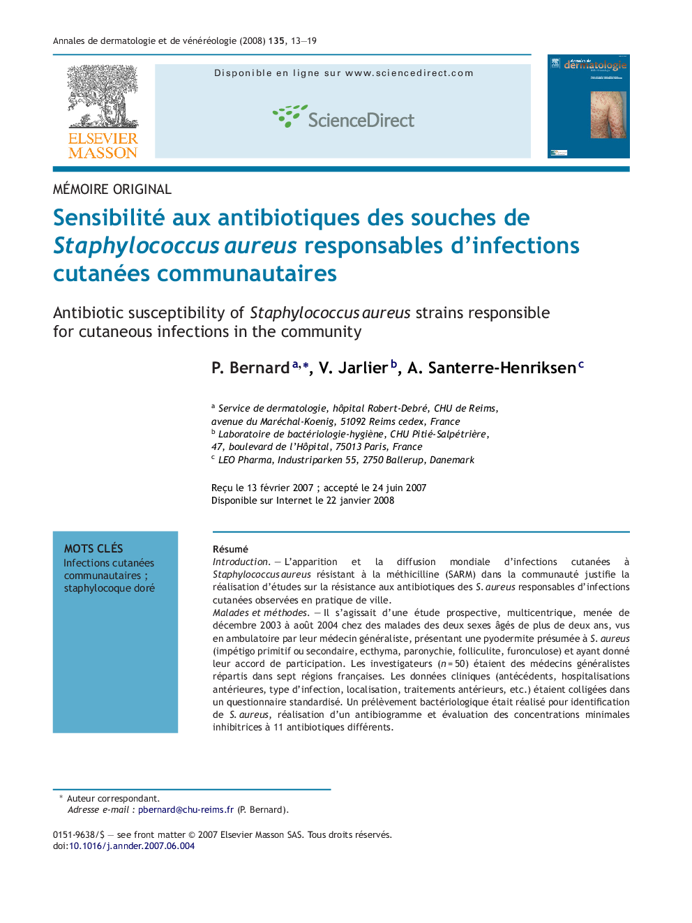 Sensibilité aux antibiotiques des souches de StaphylococcusÂ aureus responsables d'infections cutanées communautaires