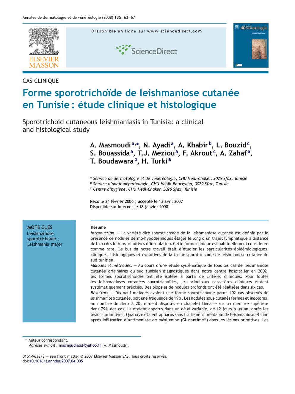 Forme sporotrichoïde de leishmaniose cutanée en TunisieÂ : étude clinique et histologique