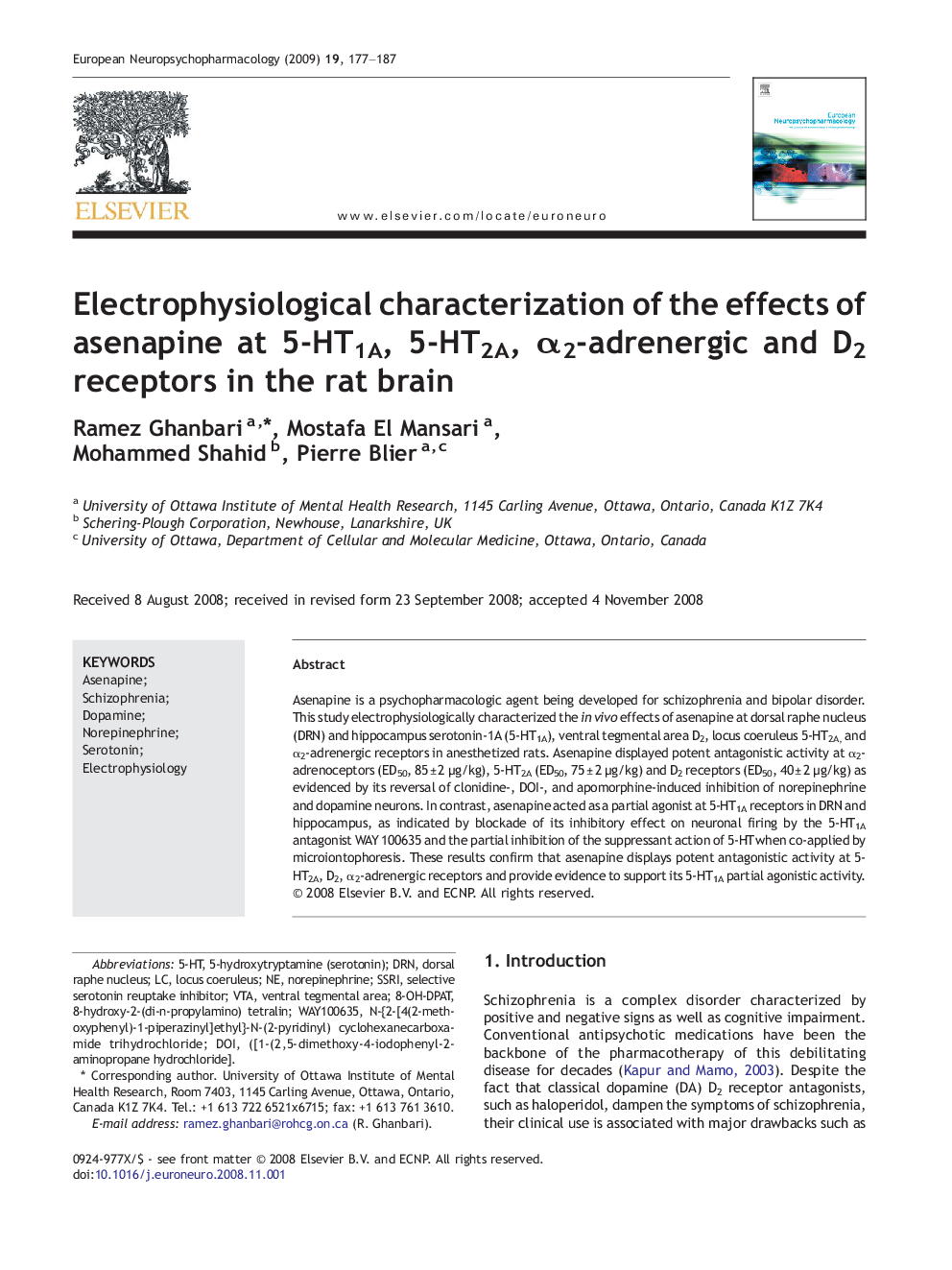 Electrophysiological characterization of the effects of asenapine at 5-HT1A, 5-HT2A, α2-adrenergic and D2 receptors in the rat brain