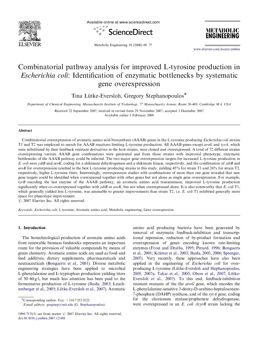 Combinatorial pathway analysis for improved L-tyrosine production in Escherichia coli: Identification of enzymatic bottlenecks by systematic gene overexpression