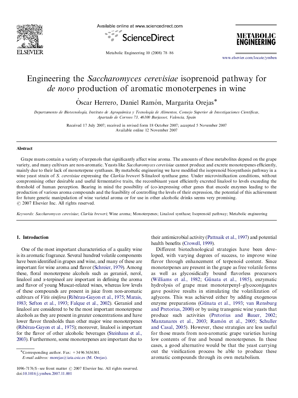 Engineering the Saccharomyces cerevisiae isoprenoid pathway for de novo production of aromatic monoterpenes in wine