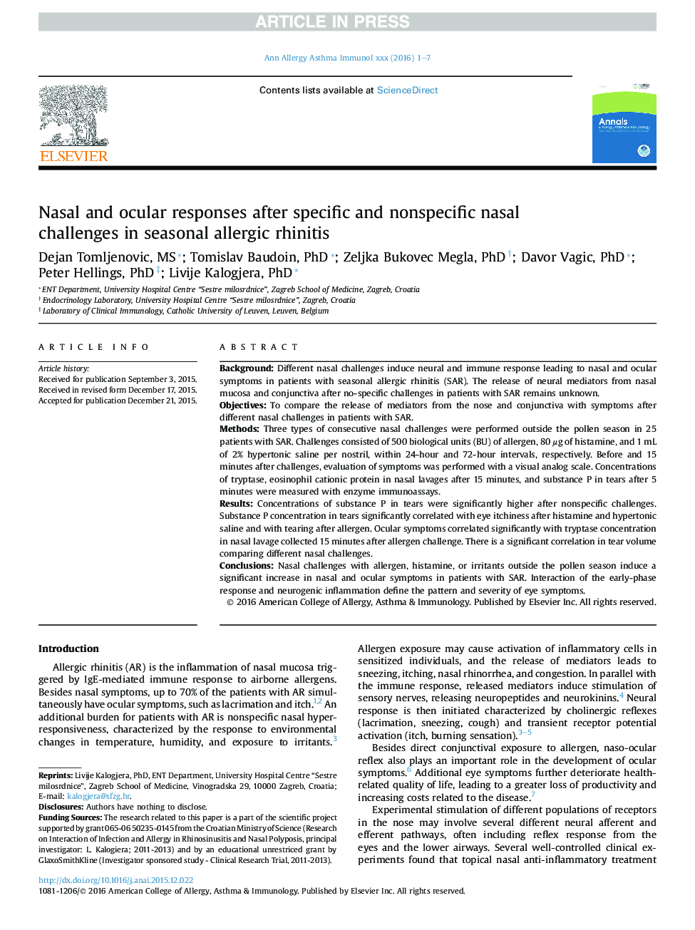 Nasal and ocular responses after specific and nonspecific nasal challenges in seasonal allergic rhinitis