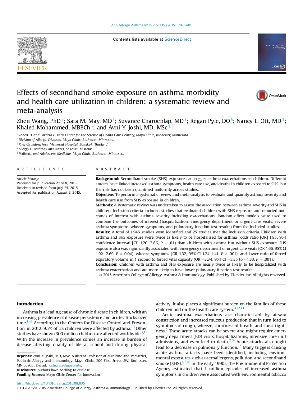Effects of secondhand smoke exposure on asthma morbidity and health care utilization in children: a systematic review and meta-analysis