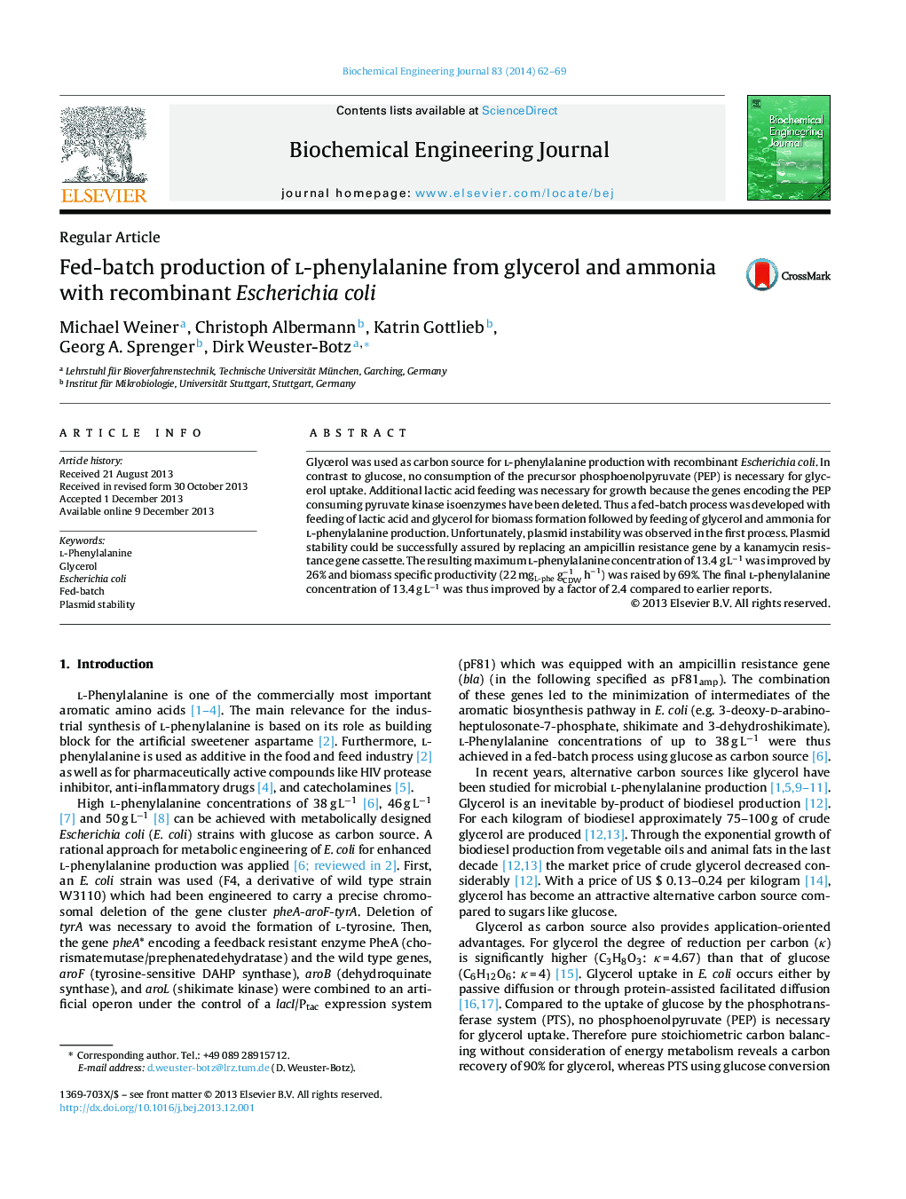 Fed-batch production of l-phenylalanine from glycerol and ammonia with recombinant Escherichia coli