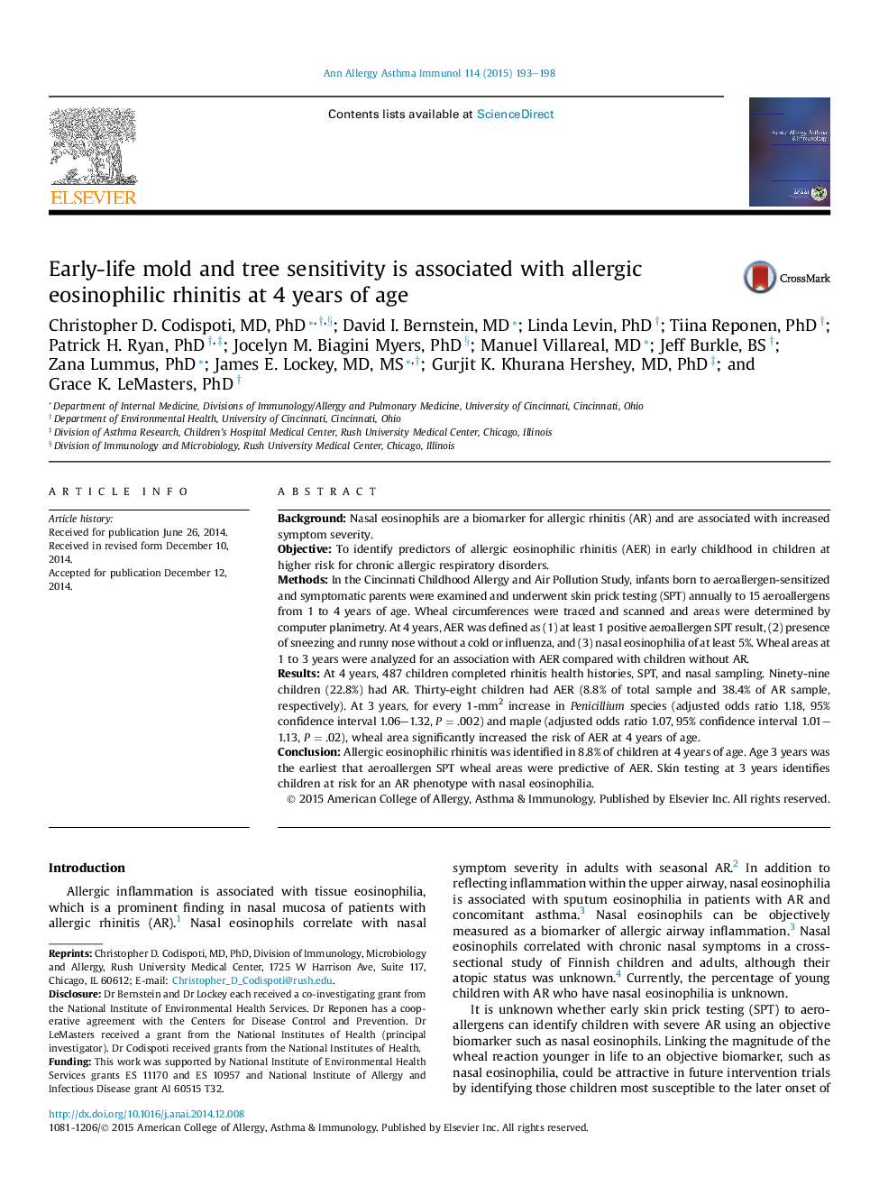 Early-life mold and tree sensitivity is associated with allergic eosinophilic rhinitis at 4 years of age