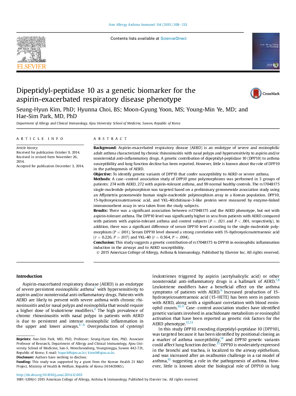 دیپپتیدیل پپتیداز 10 به عنوان نشانگر زیستی ژنتیک برای فنوتیپ بیماری تنفسی تشدید آسپیرین 