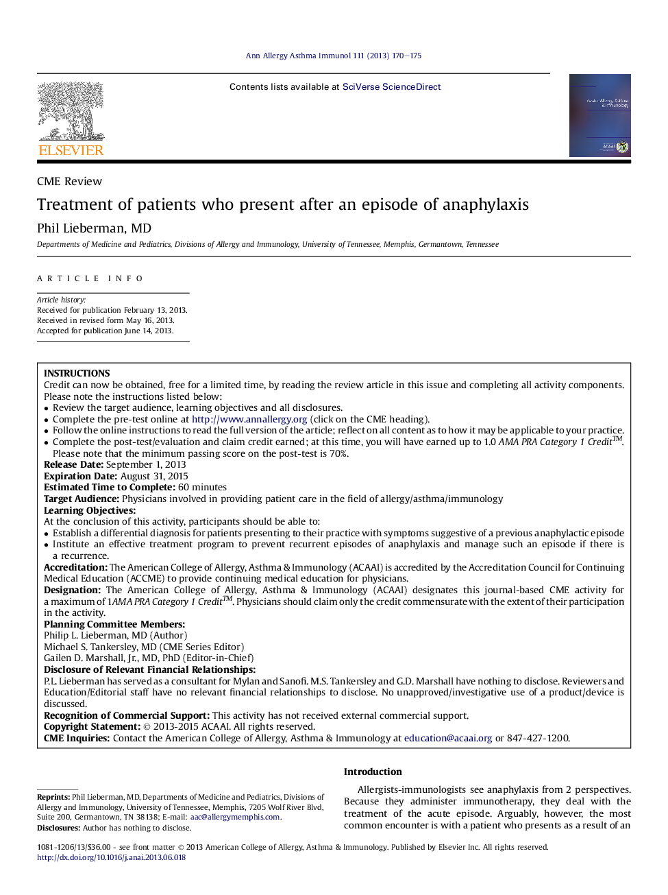 Treatment of patients who present after an episode of anaphylaxis