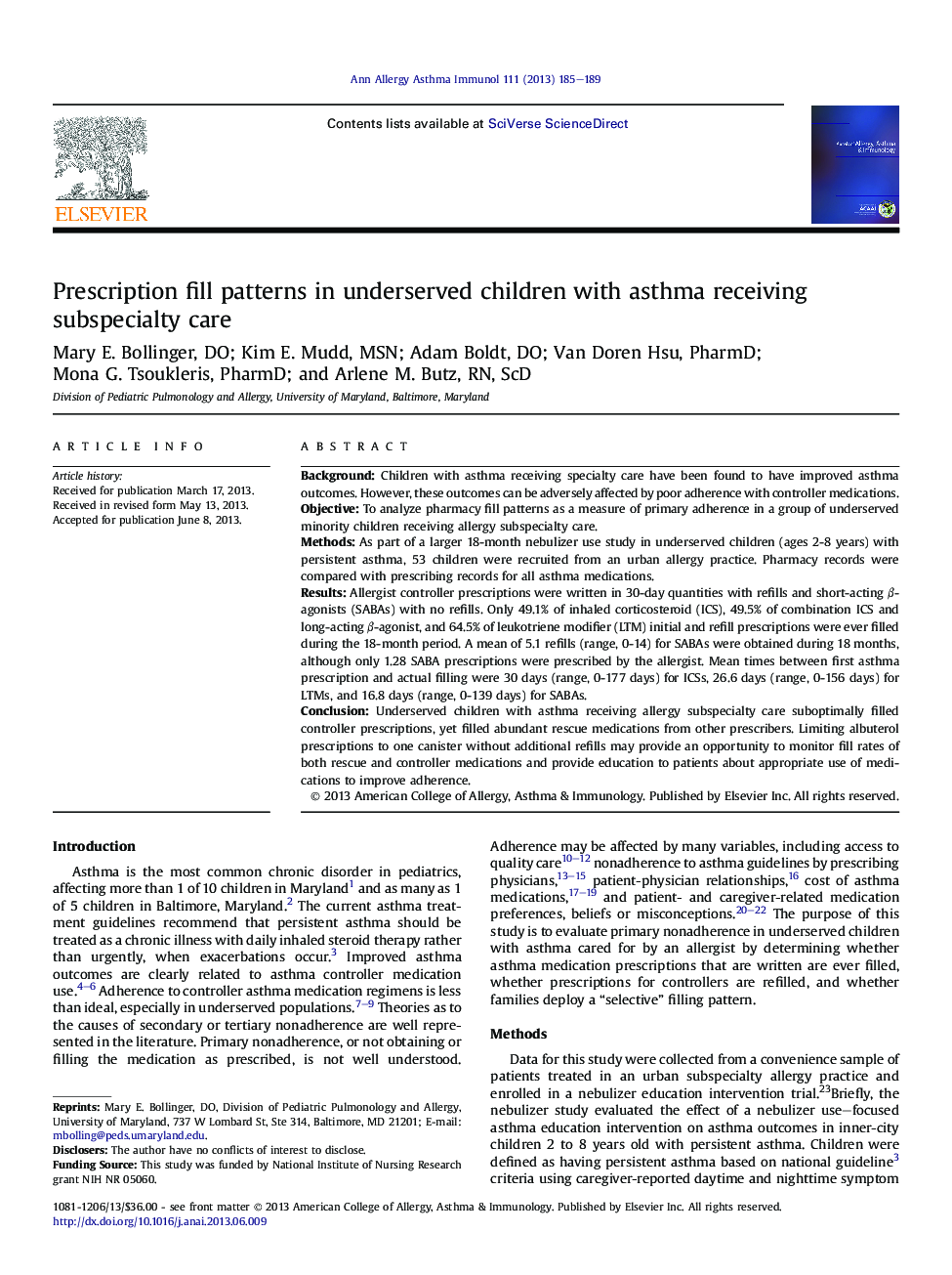 Prescription fill patterns in underserved children with asthma receiving subspecialty care