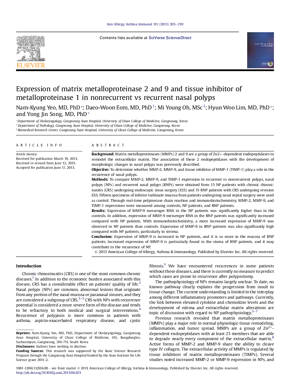 Expression of matrix metalloproteinase 2 and 9 and tissue inhibitor of metalloproteinase 1 in nonrecurrent vs recurrent nasal polyps