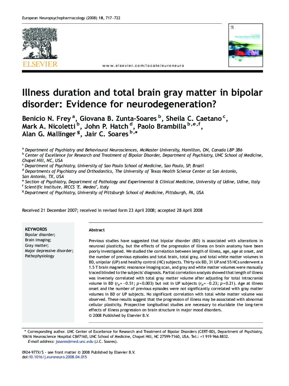 Illness duration and total brain gray matter in bipolar disorder: Evidence for neurodegeneration?