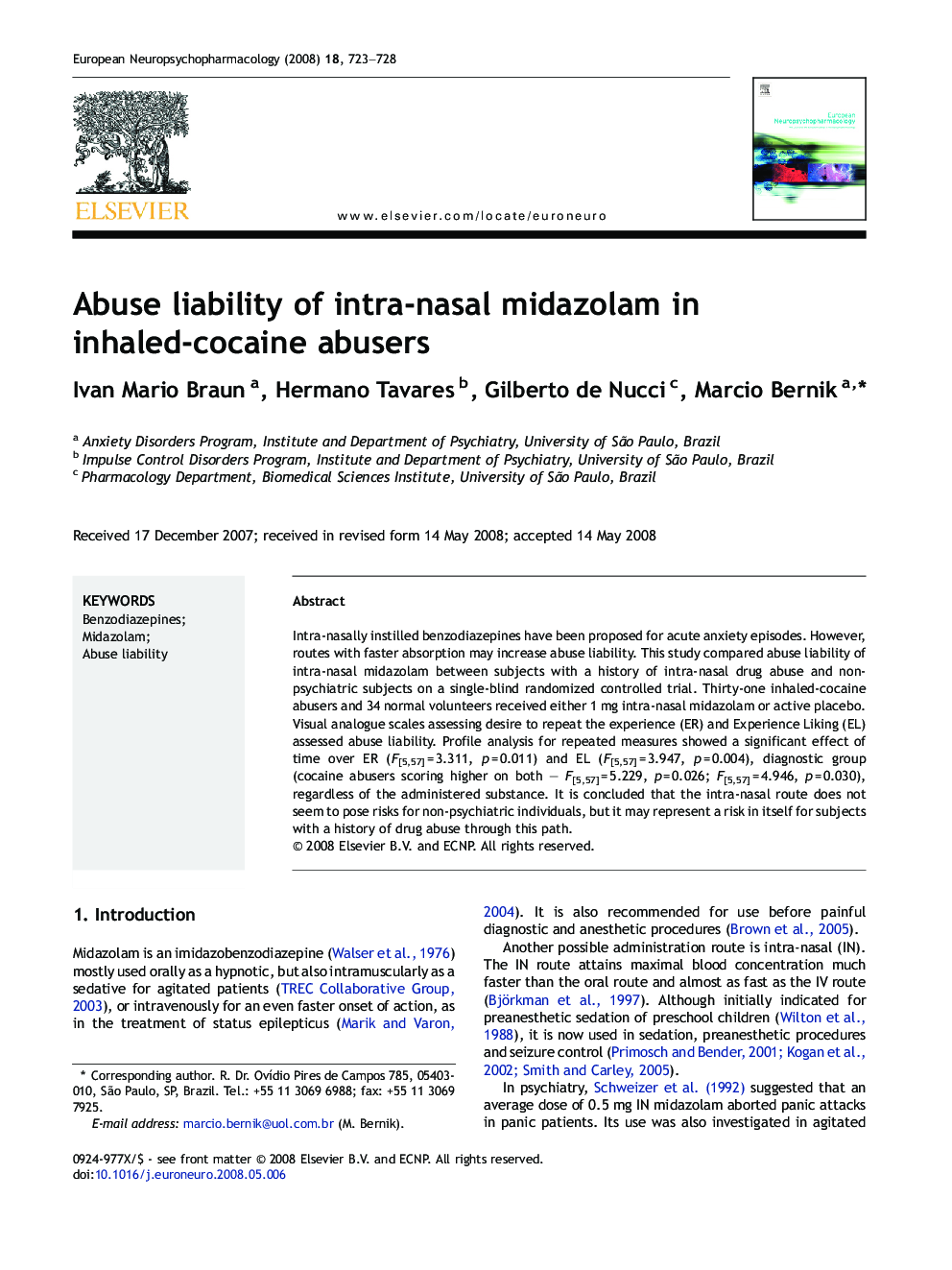 Abuse liability of intra-nasal midazolam in inhaled-cocaine abusers