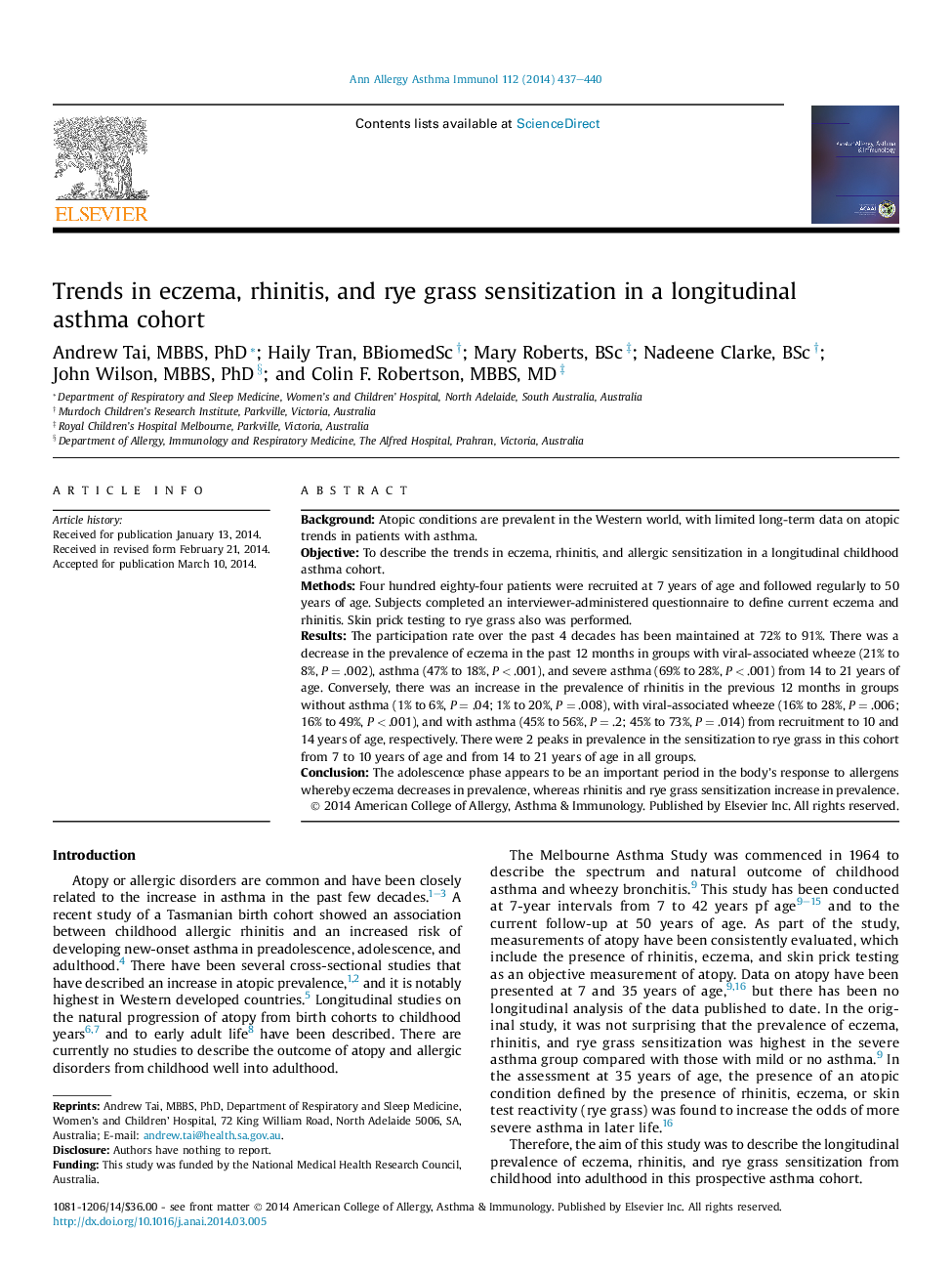 Trends in eczema, rhinitis, and rye grass sensitization in a longitudinal asthma cohort