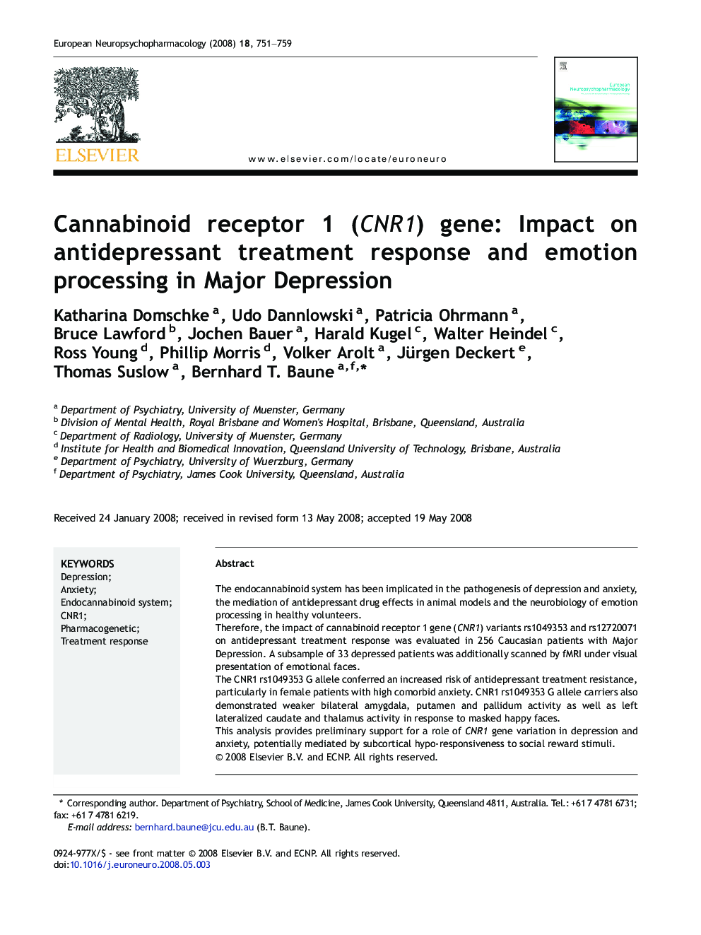 Cannabinoid receptor 1 (CNR1) gene: Impact on antidepressant treatment response and emotion processing in Major Depression