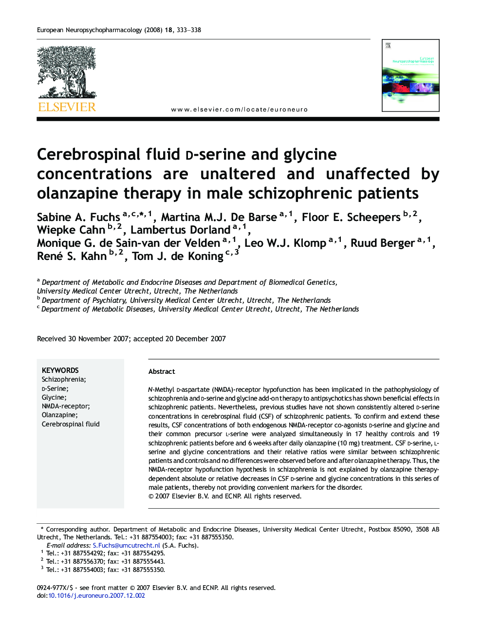 Cerebrospinal fluid d-serine and glycine concentrations are unaltered and unaffected by olanzapine therapy in male schizophrenic patients