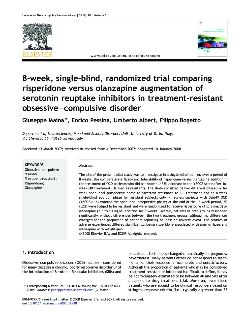 8-week, single-blind, randomized trial comparing risperidone versus olanzapine augmentation of serotonin reuptake inhibitors in treatment-resistant obsessive–compulsive disorder