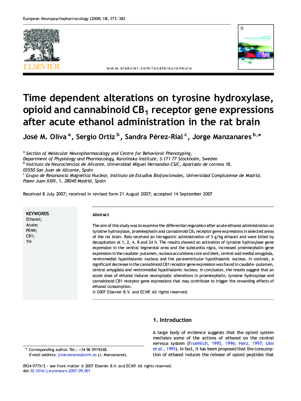 Time dependent alterations on tyrosine hydroxylase, opioid and cannabinoid CB1 receptor gene expressions after acute ethanol administration in the rat brain