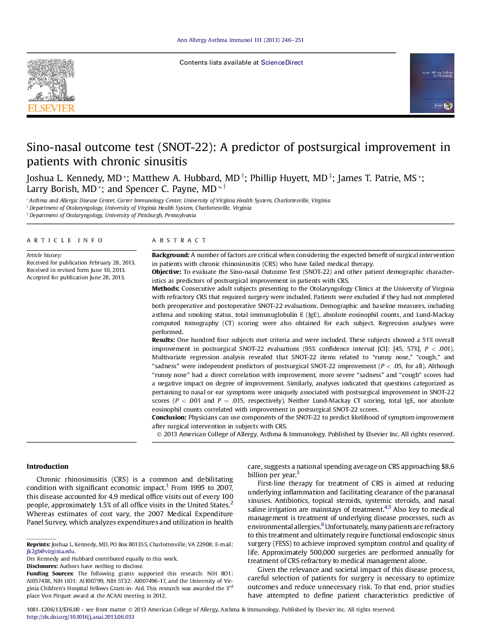 Sino-nasal outcome test (SNOT-22): A predictor of postsurgical improvement in patients with chronic sinusitis