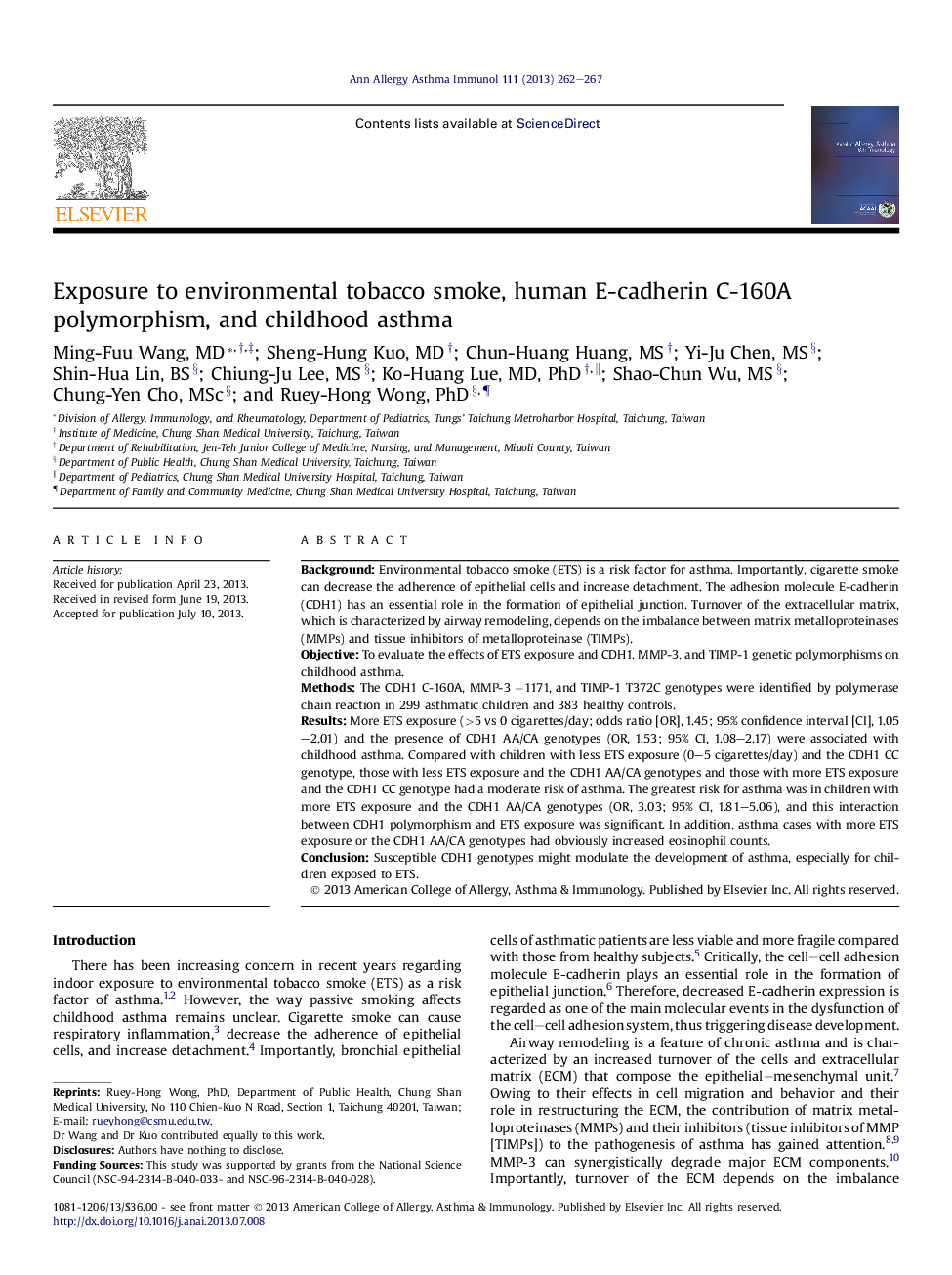 Exposure to environmental tobacco smoke, human E-cadherin C-160A polymorphism, and childhood asthma