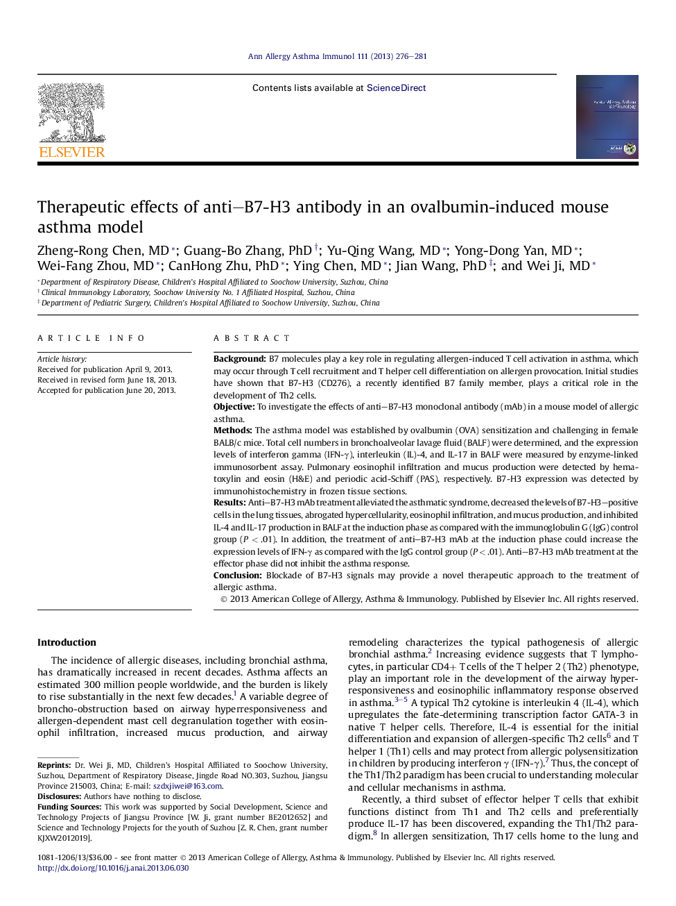 Therapeutic effects of anti-B7-H3 antibody in an ovalbumin-induced mouse asthma model