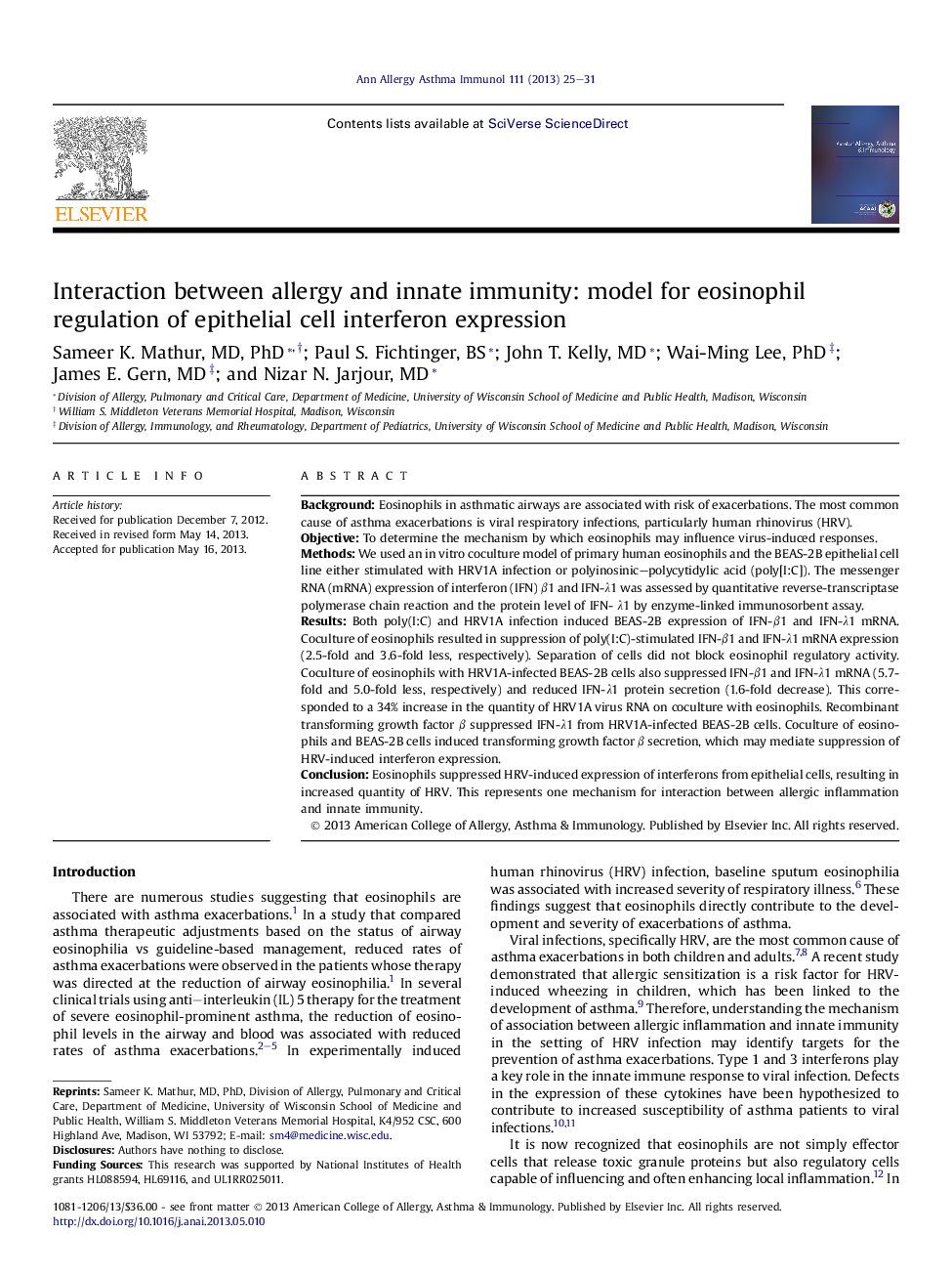 Interaction between allergy and innate immunity: model for eosinophil regulation of epithelial cell interferon expression