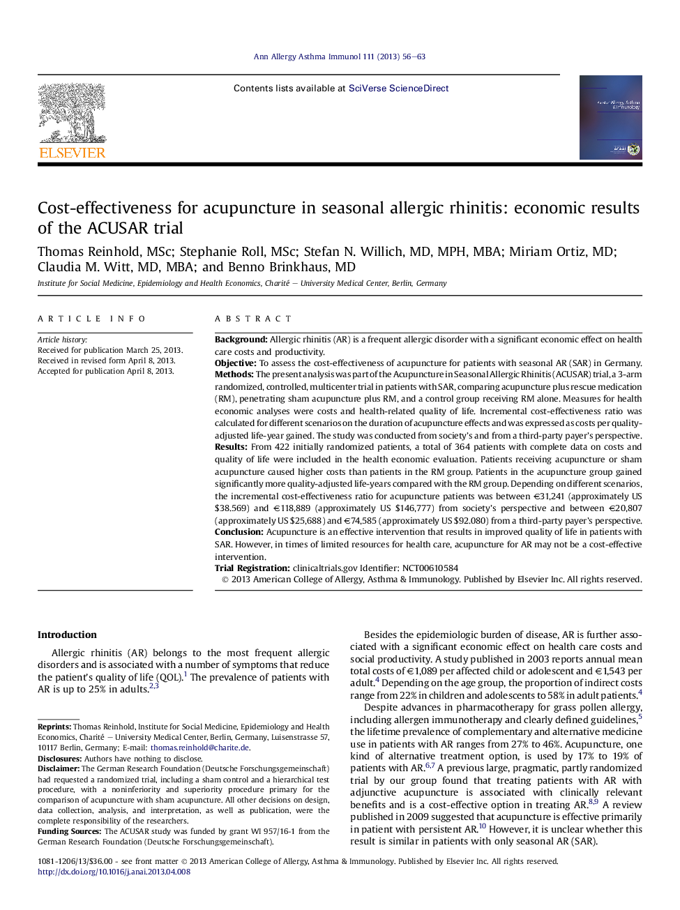 Cost-effectiveness for acupuncture in seasonal allergic rhinitis: economic results of the ACUSAR trial