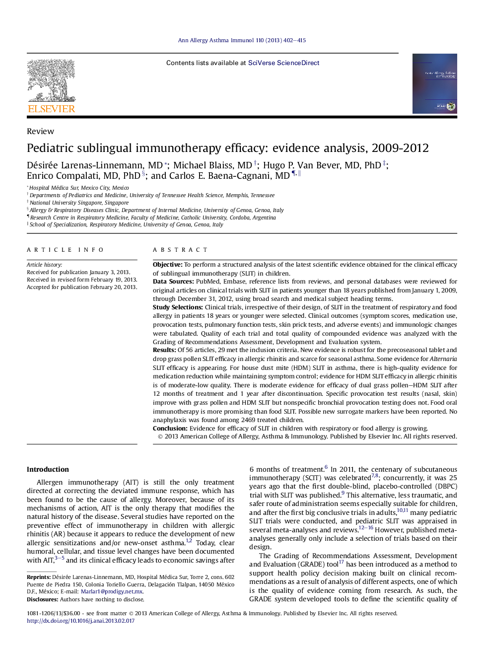 Pediatric sublingual immunotherapy efficacy: evidence analysis, 2009-2012