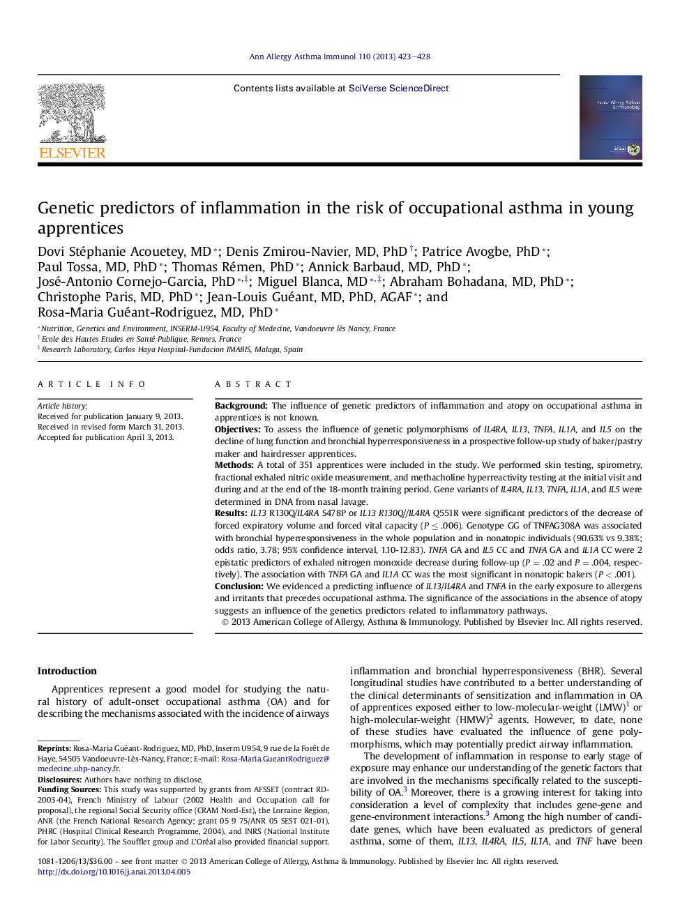 Genetic predictors of inflammation in the risk of occupational asthma in young apprentices