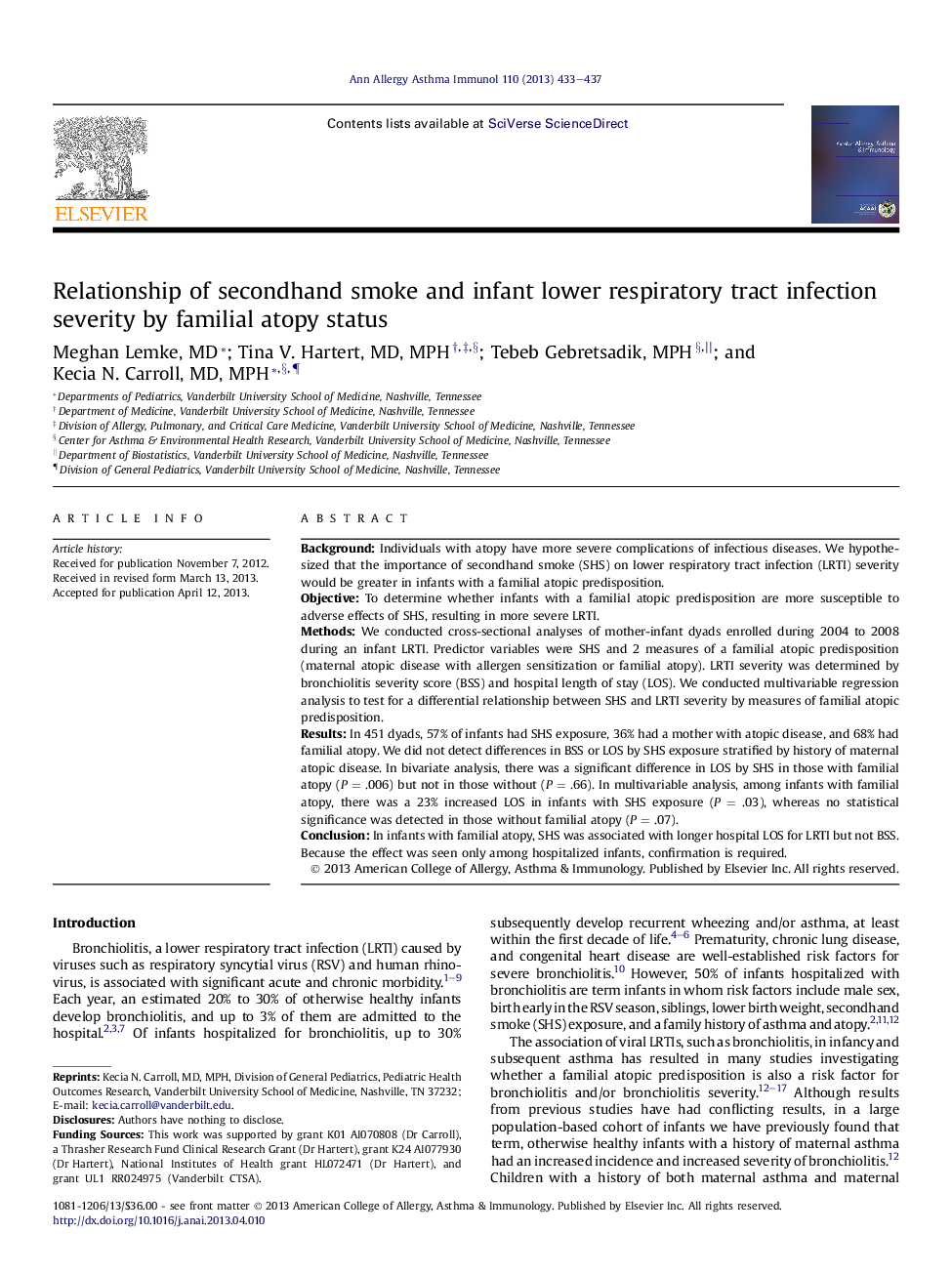 Relationship of secondhand smoke and infant lower respiratory tract infection severity by familial atopy status