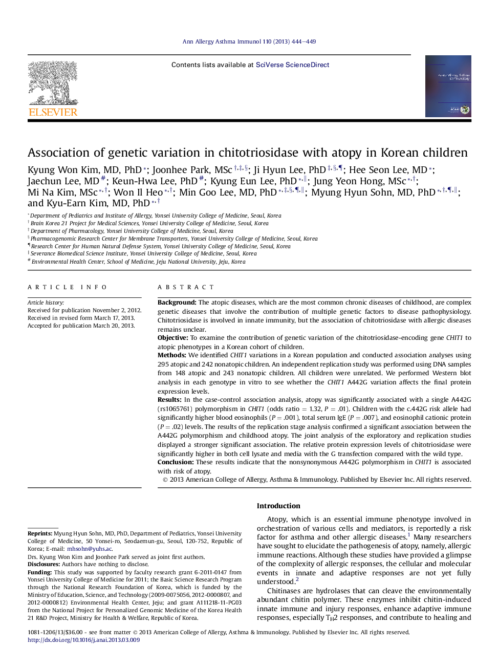 عکس صفحه اول مقاله: Association of genetic variation in chitotriosidase with atopy in Korean children Association of genetic variation in chitotriosidase with atopy in Korean children