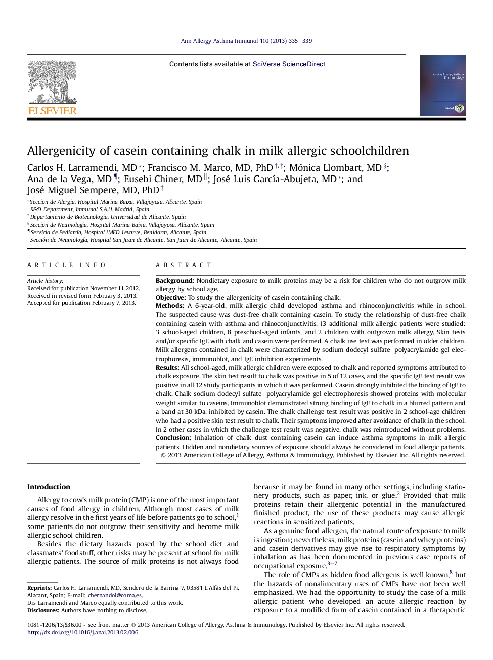 Allergenicity of casein containing chalk in milk allergic schoolchildren