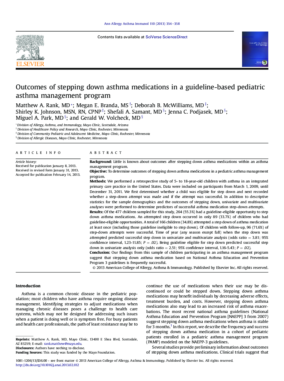 Outcomes of stepping down asthma medications in a guideline-based pediatric asthma management program