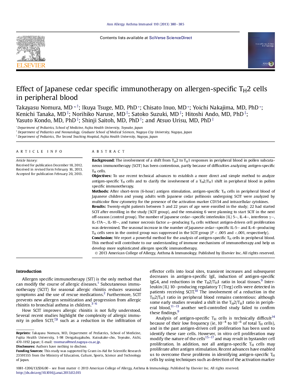 Effect of Japanese cedar specific immunotherapy on allergen-specific TH2 cells in peripheral blood