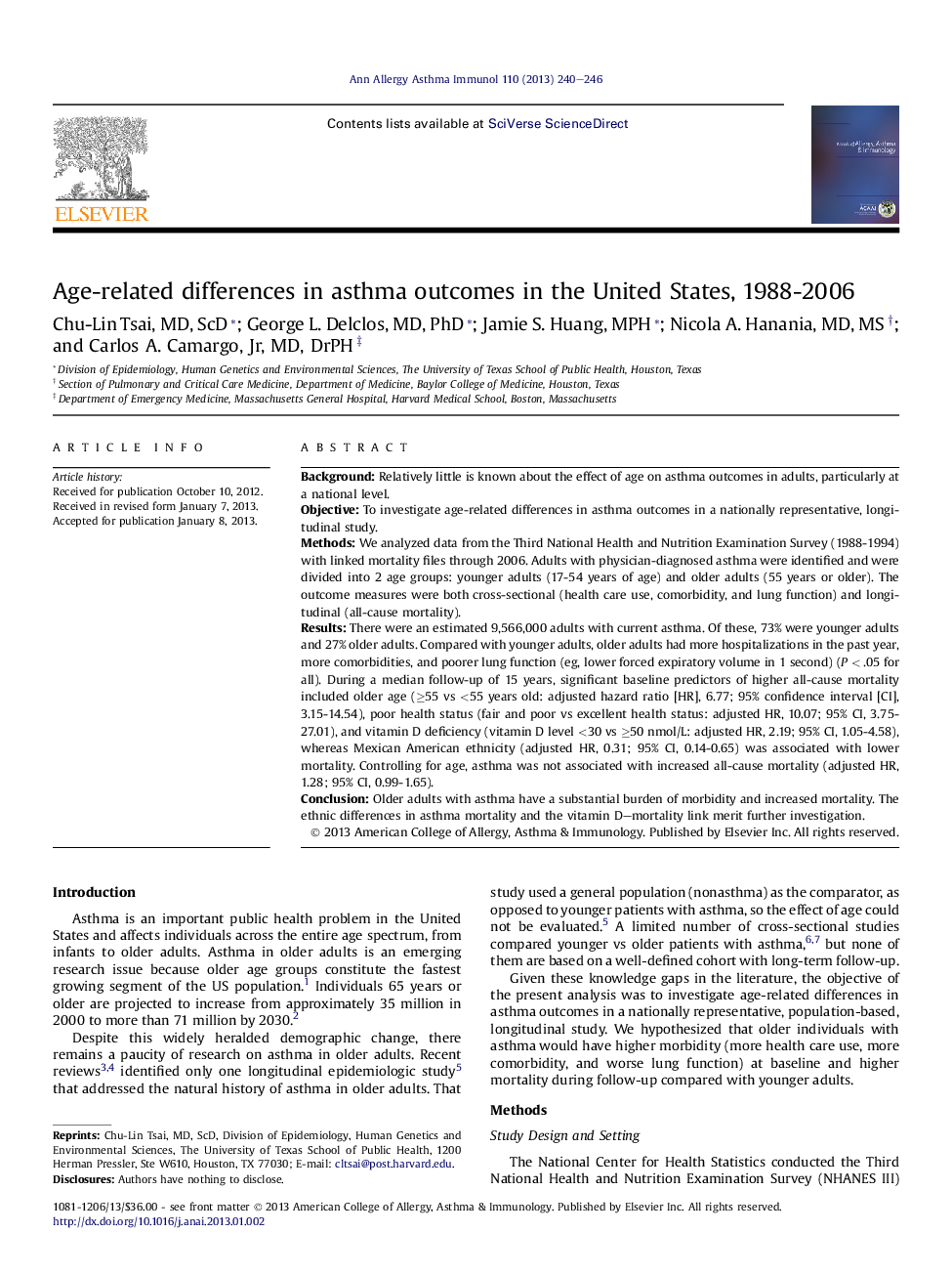 Age-related differences in asthma outcomes in the United States, 1988-2006