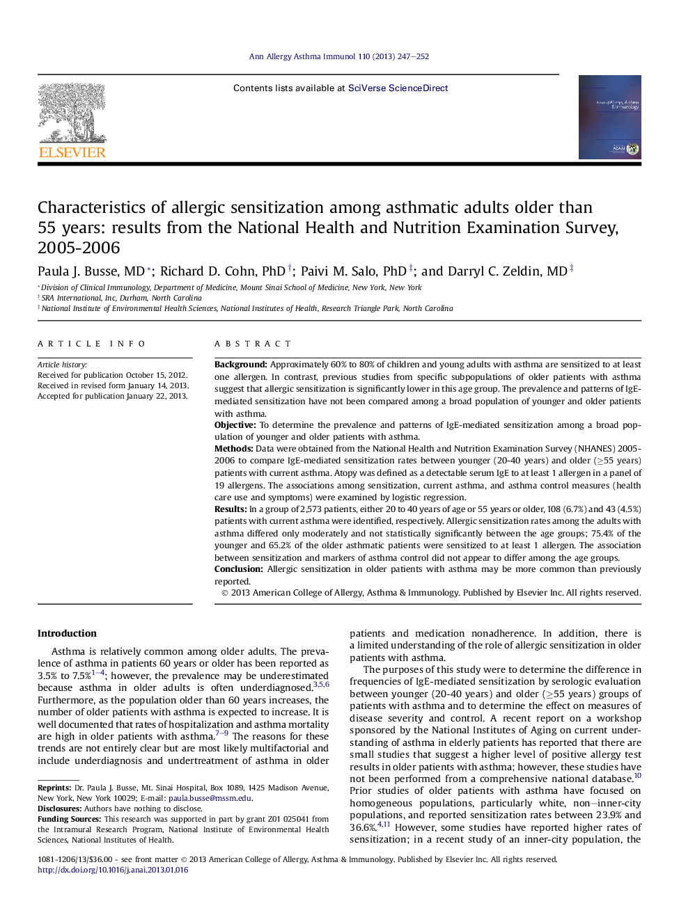 Characteristics of allergic sensitization among asthmatic adults older than 55Â years: results from the National Health and Nutrition Examination Survey, 2005-2006