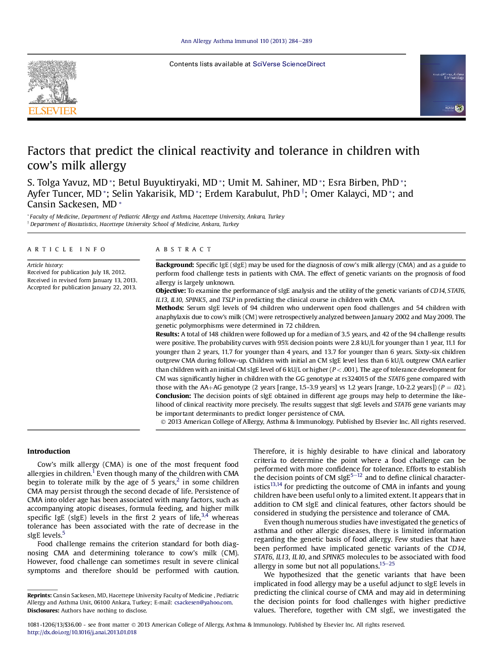 Factors that predict the clinical reactivity and tolerance in children with cow's milk allergy