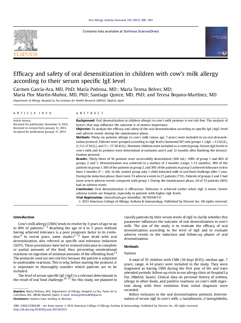 Efficacy and safety of oral desensitization in children with cow's milk allergy according to their serum specific IgE level