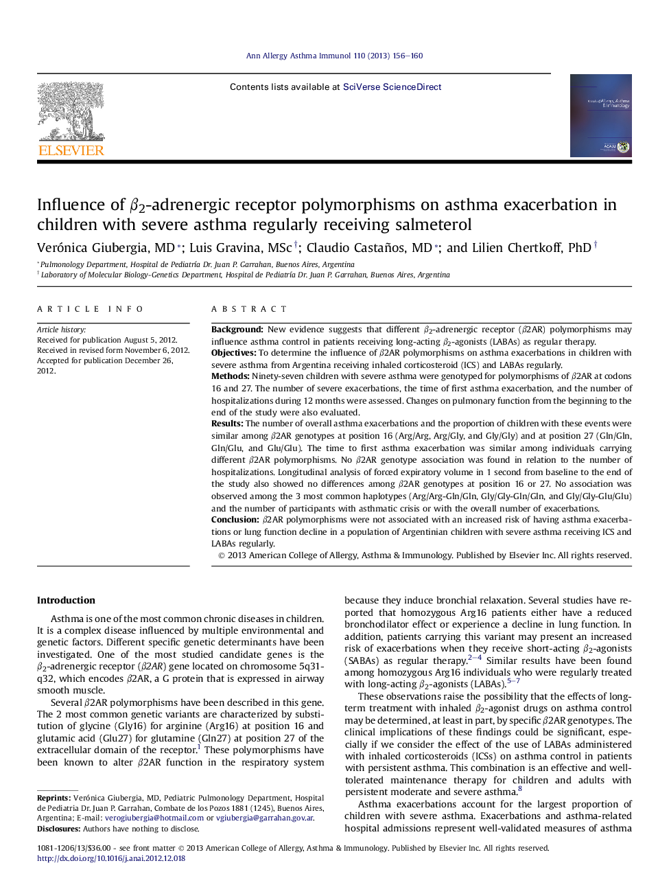 Influence of Î²2-adrenergic receptor polymorphisms on asthma exacerbation in children with severe asthma regularly receiving salmeterol
